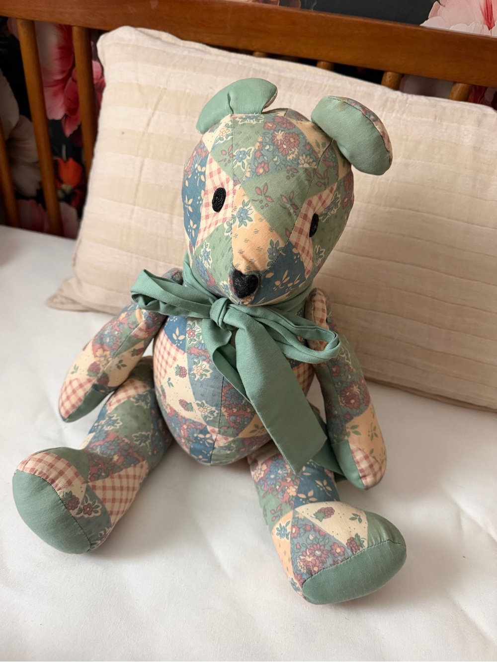 Vintage Handmade Patchwork Floral Teddy Bear with Green Bow